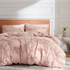 NEW Anthro Rose Pink Tufted Bow Boho Queen / King Size Bedding Duvet & Sham Set